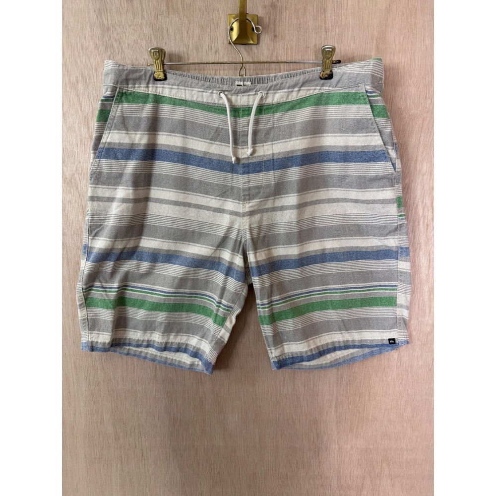 Quiksilver Mens Striped Hybrid Shorts Gray Blue Green Waist 38 Drawstring Casual